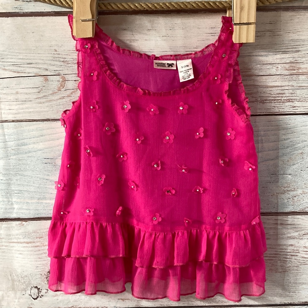 7/8 pink ruffled tank top by Scooter Brown. Appliqué flowers with crysta…